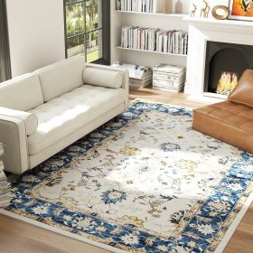 Machine Washable Area Rug 8x10, Non-Slip Boho Floral Print Floor Carpet For Living Room, Bedroom, Dining Room, Blue (Option: Blue)