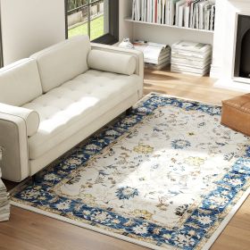 Machine Washable Area Rug 5x7, Non-Slip Boho Floral Print Floor Carpet For Living Room, Bedroom, Dining Room, Blue (Option: Blue)