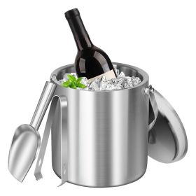 1 Set Double Wall Stainless Steel Insulated Ice Bucket 3L Ice Holder Ice Container With Lid Scoop Strainer Handle For Wine Champagne Beer Parties (Option: Silver)